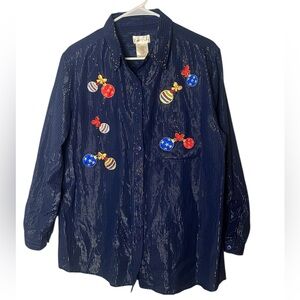 Bobbie Brooks Women’s Christmas Blue Checkered Blouse with Gold Accents